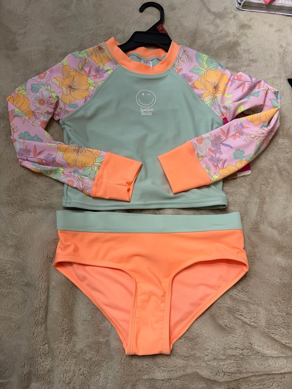 Justice Girls Two-Piece Floral Rash Guard Set - Mint & Peach